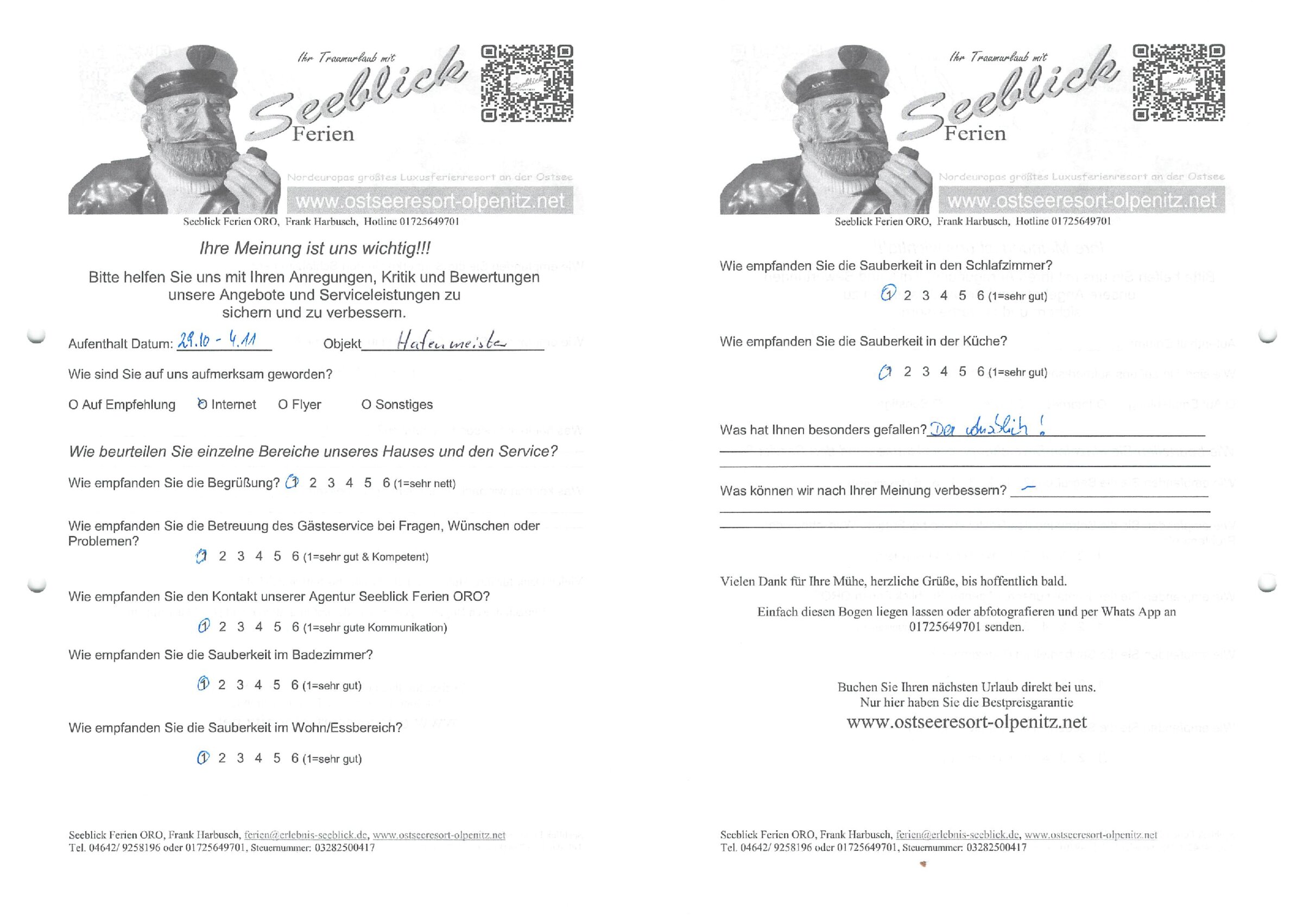 Gästefeedback vom 29.10.2023 - 04.11.2023